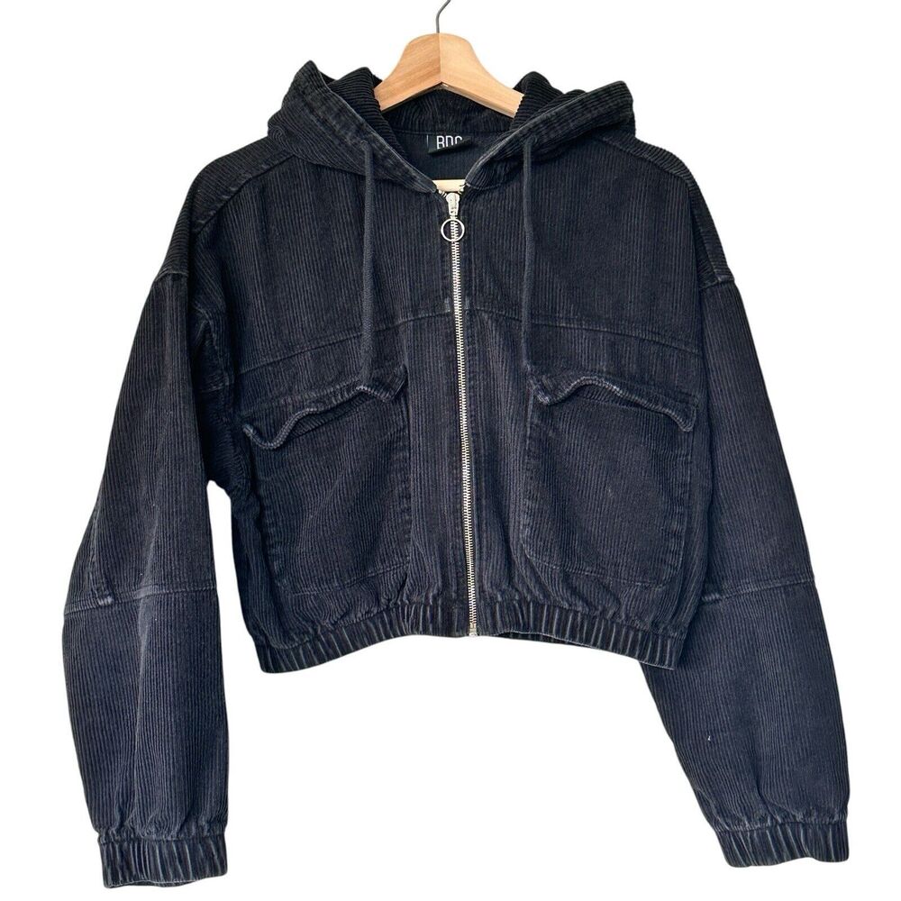 BDG Urban Outfitters S Cropped Corduroy Jacket Women's Black Hooded 90s Y2K